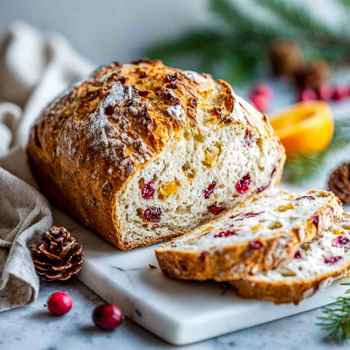 Rustic artisan sourdough loaf with cranberries and orange zest, flour-dusted crust, sliced to show airy crumb.