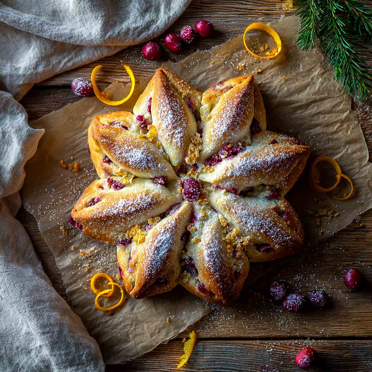 Cranberry orange star bread on a wooden surface.