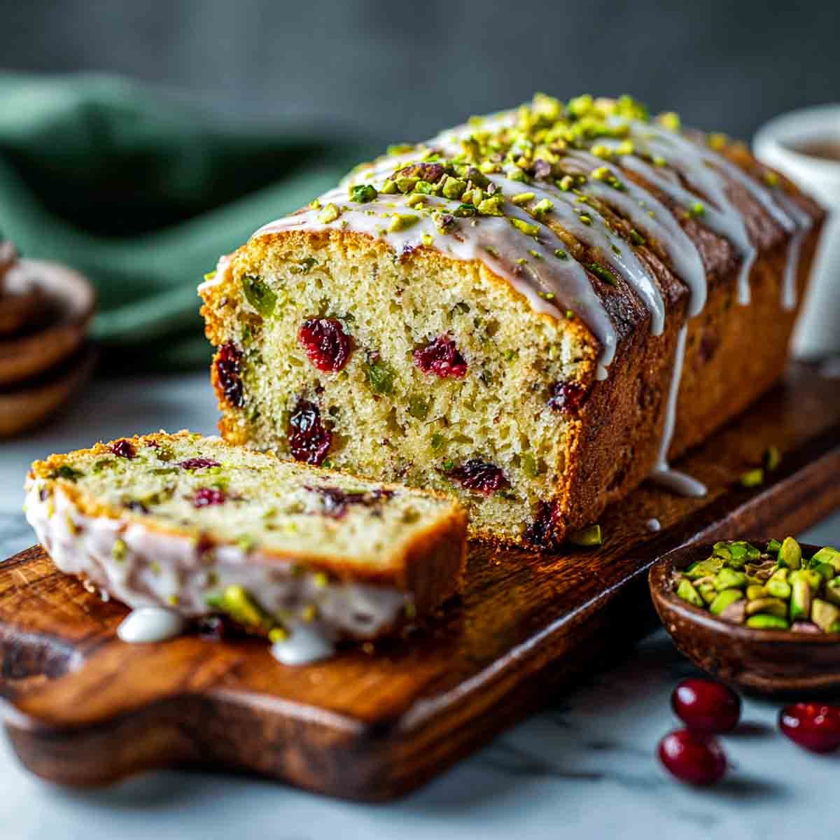 Angled view of cranberry pistachio bread with glaze drizzle and chopped pistachios on top.
