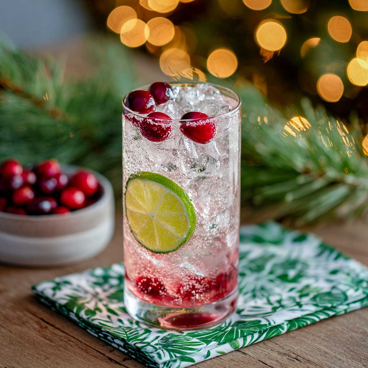 Festive cranberry vodka spritzer with lime slice and cranberries.
