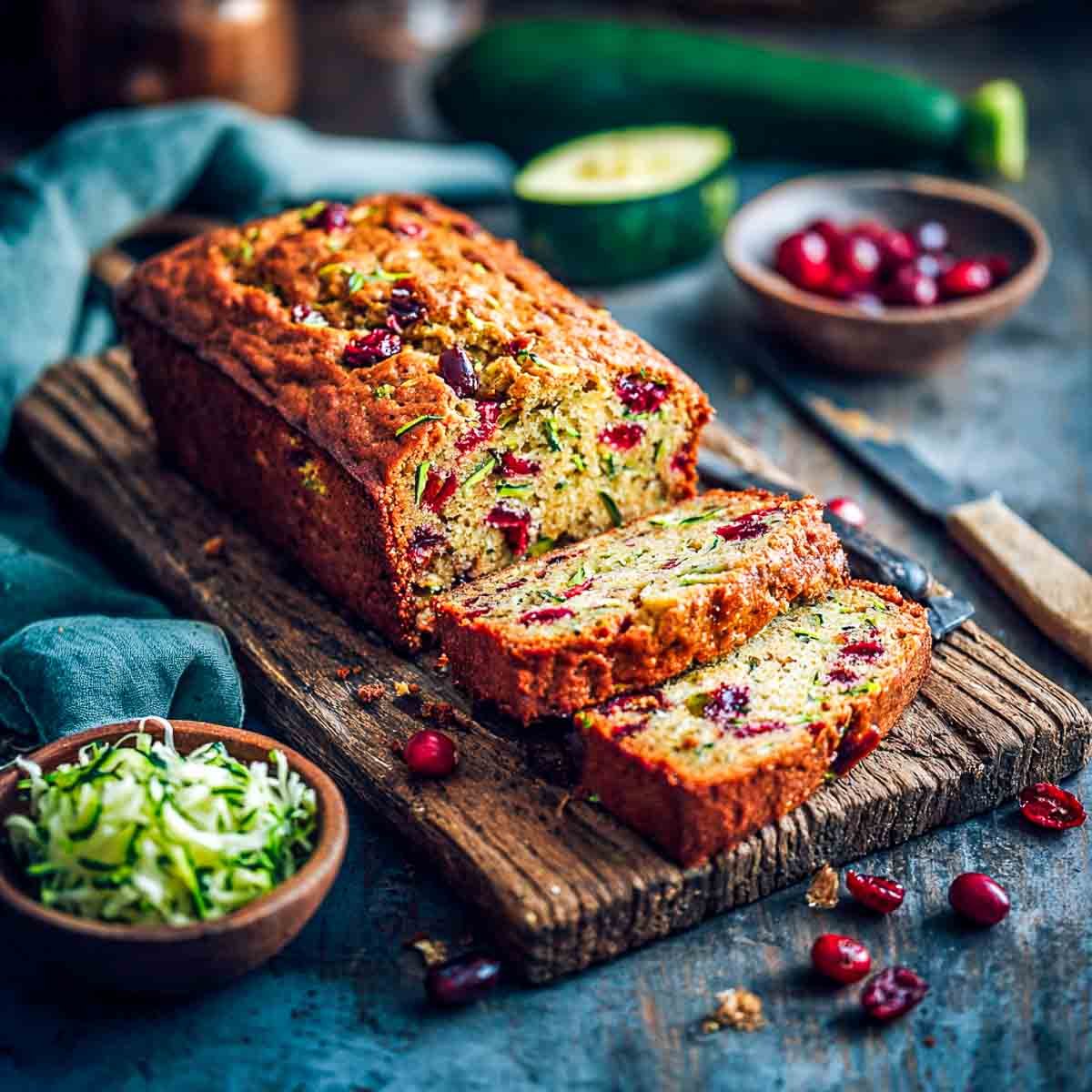 Cranberry zucchini bread loaf on a rustic wooden board with fresh cranberries and zucchini shreds.