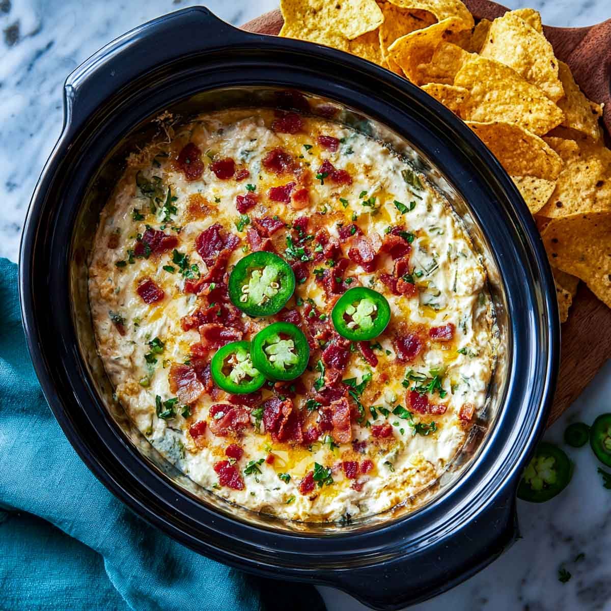 Creamy jalapeño popper dip in a black oval crockpot topped with bacon and jalapeño slices, served with tortilla chips on the side.