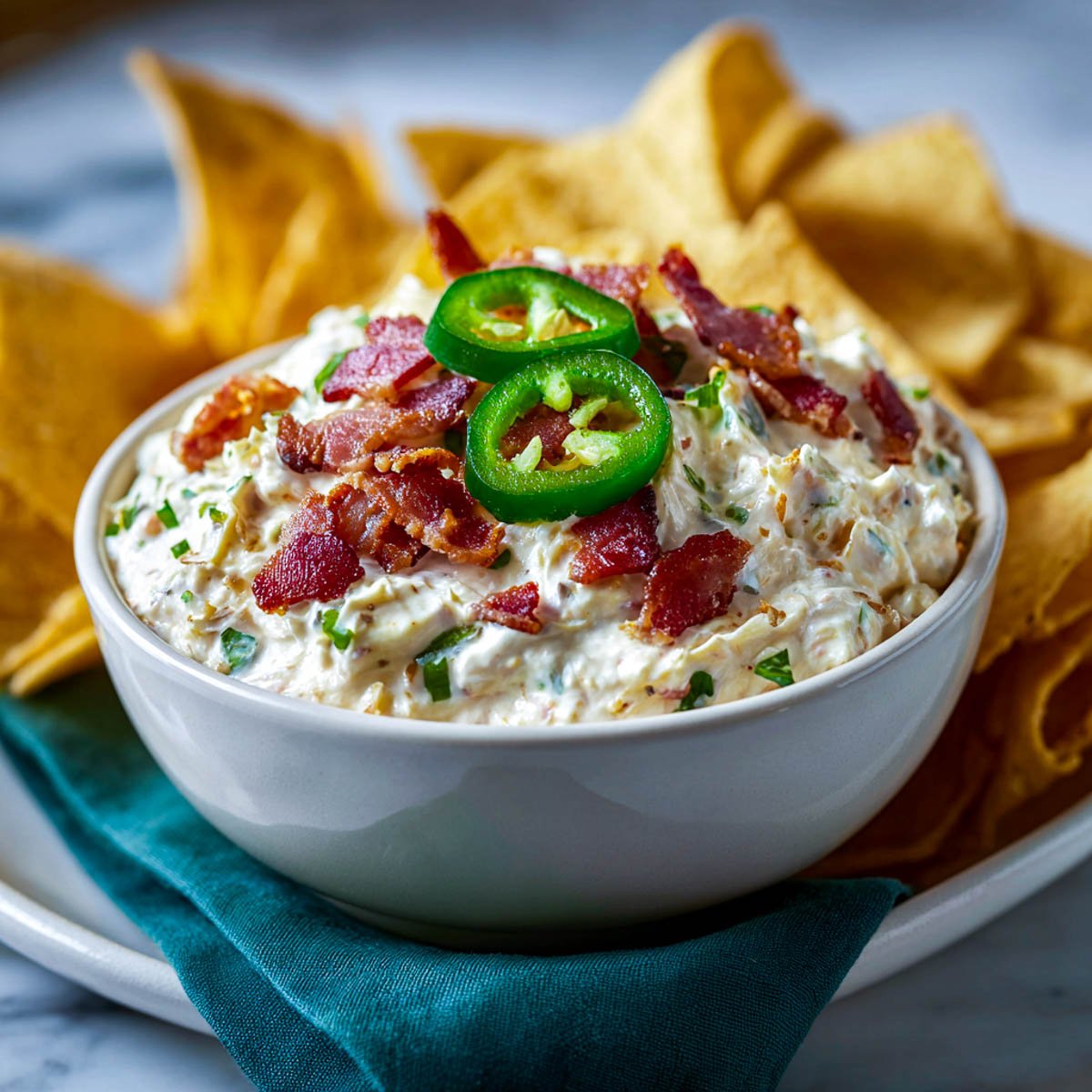 Close-up of jalapeño popper dip in a white bowl, garnished with crispy bacon and jalapeño slices, with tortilla chips.