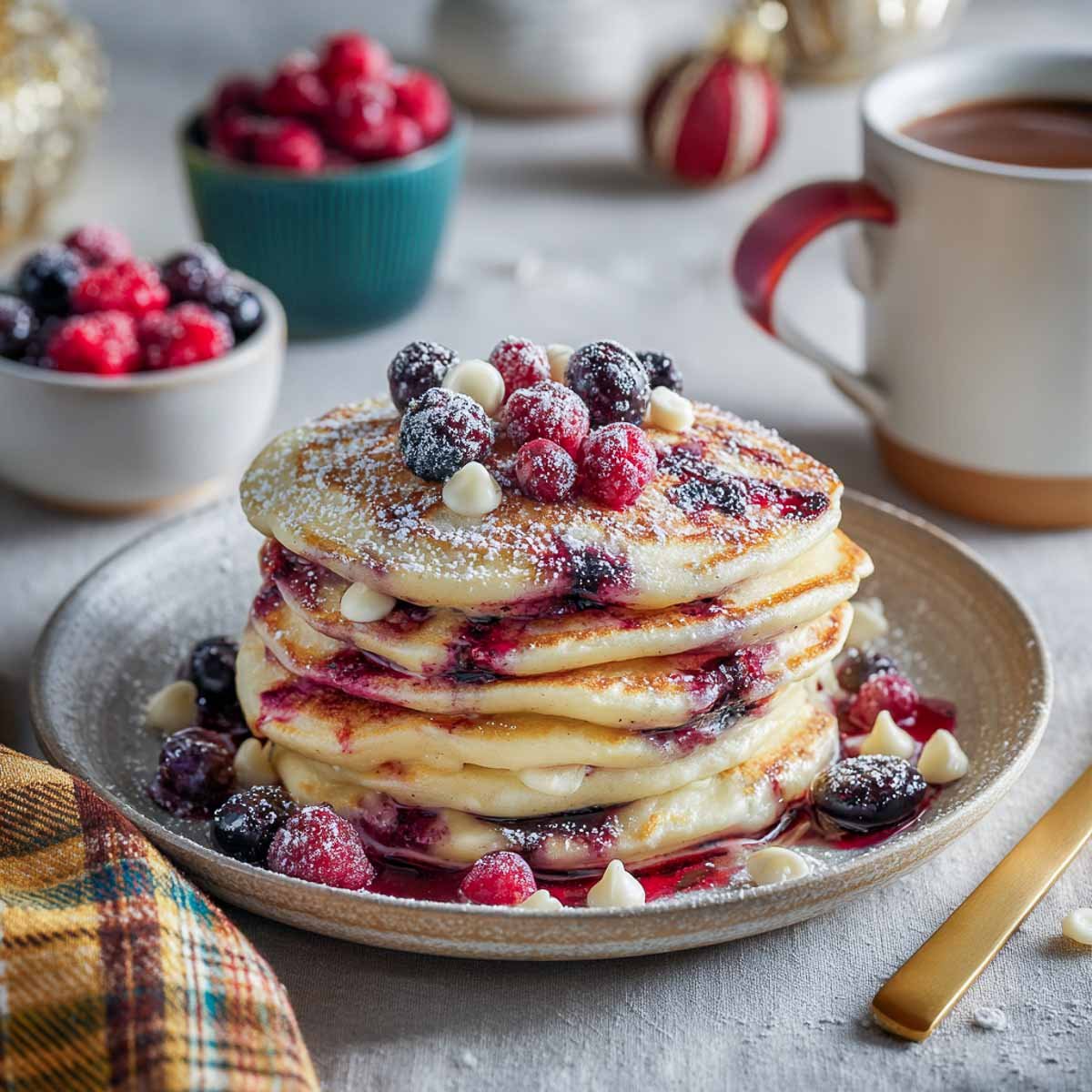 Stack of fluffy pancakes with frozen berries and melted white chocolate chips, topped with powdered sugar and served with coffee.