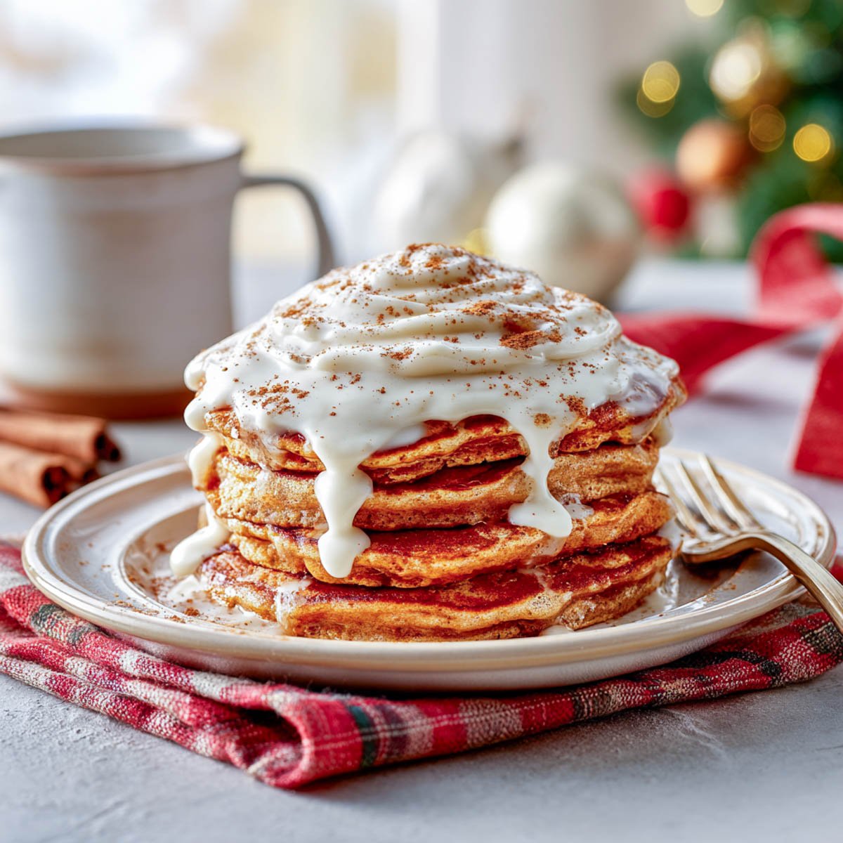 Stack of gingerbread pancakes topped with creamy maple frosting and cinnamon on a red napkin.