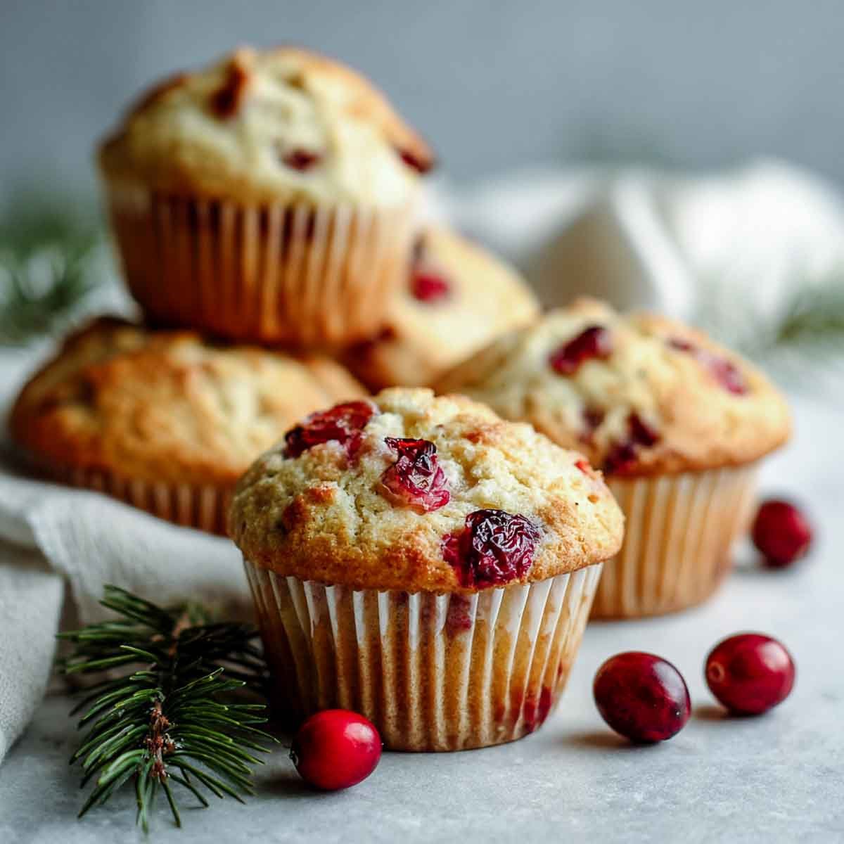 Stacked gluten-free cranberry muffins made using almond flour placed on a marble surface.
