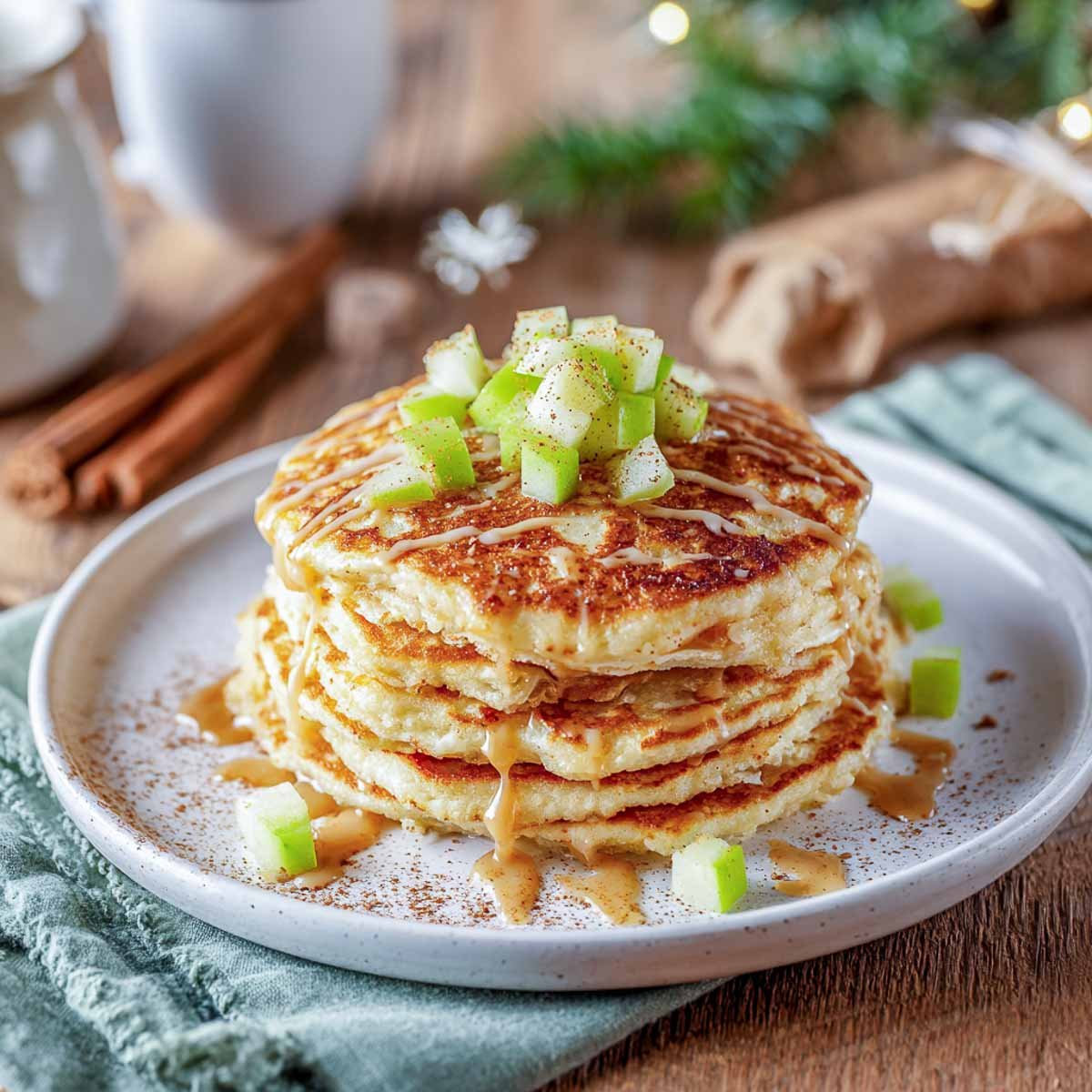 Stack of green apple pancakes topped with cinnamon honey drizzle and diced apples.