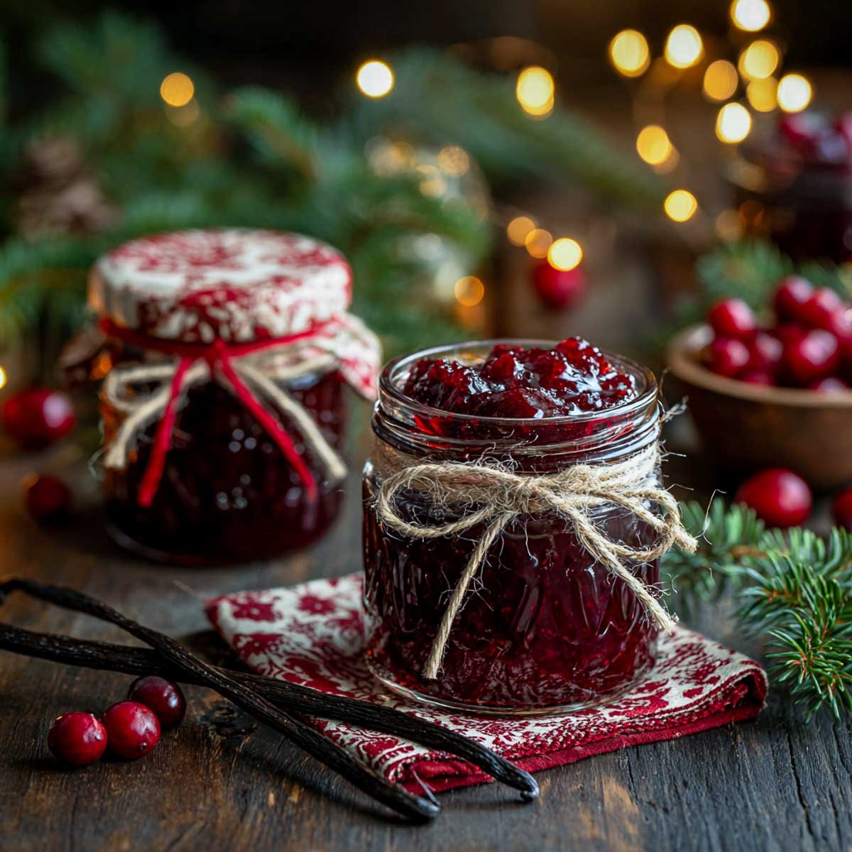 Homemade cranberry jam in glass jars tied with twine and vanilla beans beside.