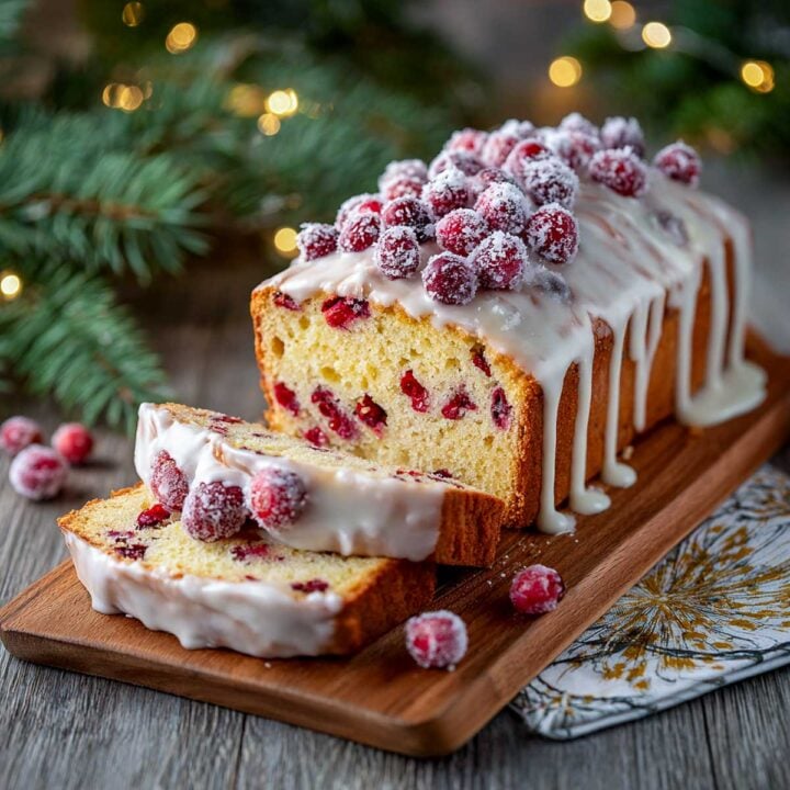 Festive cranberry pound cake with vanilla icing and sugared cranberries on top.