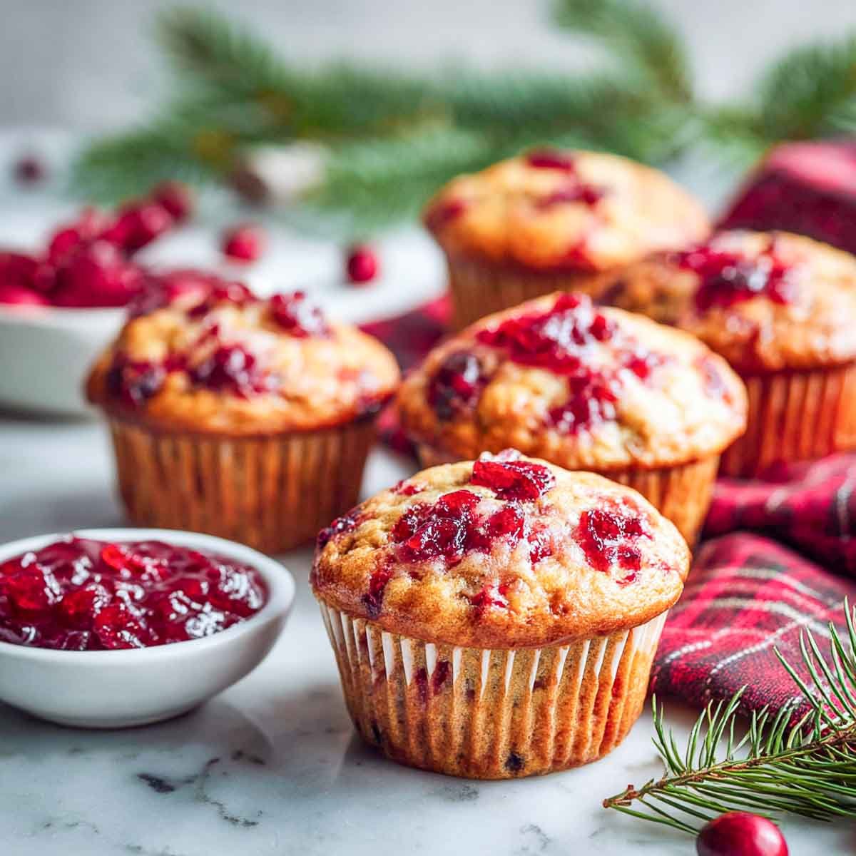 Cranberry muffins made with leftover cranberry sauce on marble surface.
