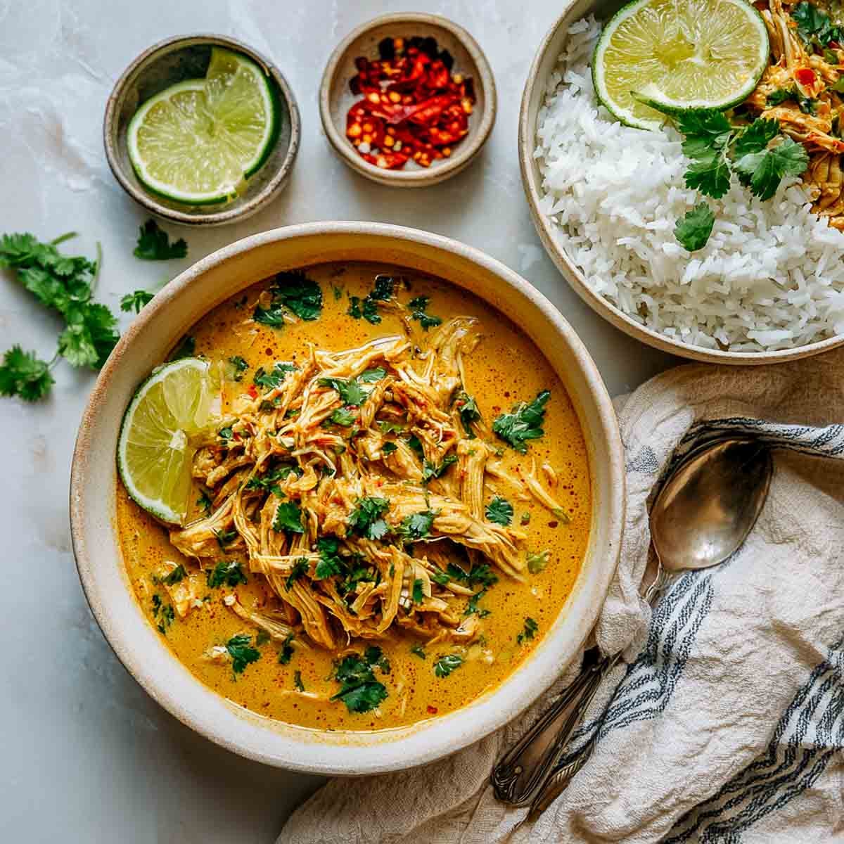 Leftover turkey curry with coconut milk served with white rice, cilantro, and lime.