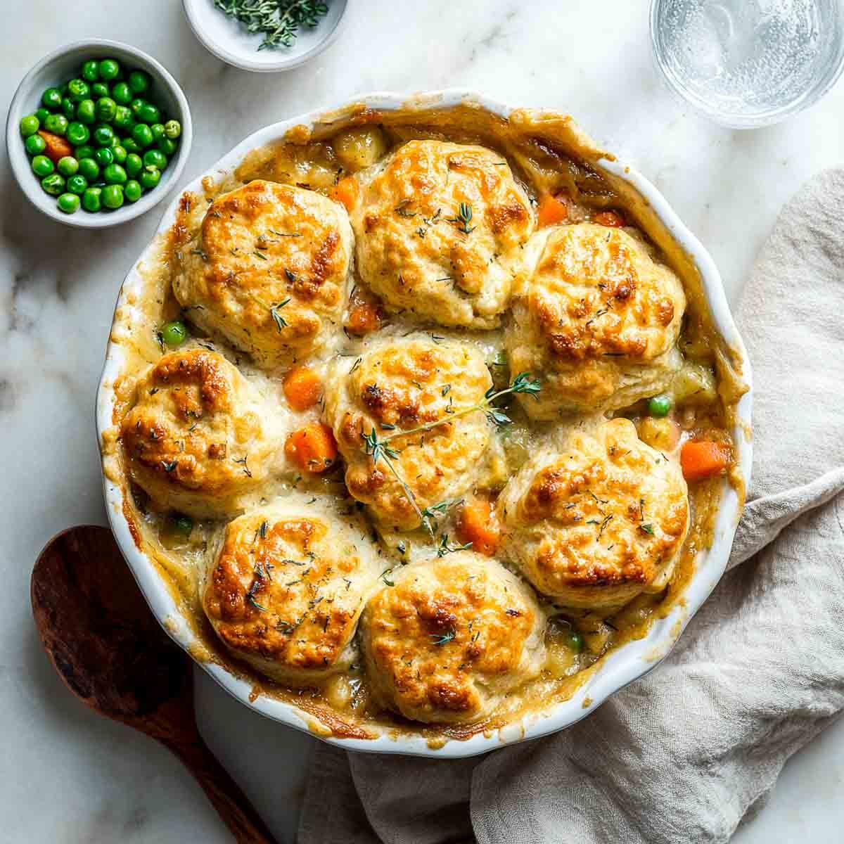 Top-down view of a leftover turkey pot pie with golden biscuit topping, peas, carrots, and thyme on marble countertop.