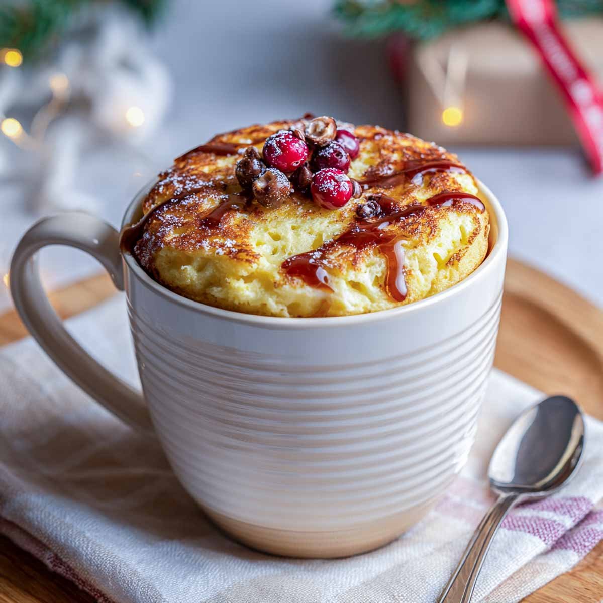 Fluffy pancake cooked in a mug topped with cranberries and syrup drizzle on a cream napkin with ribbon in the background.