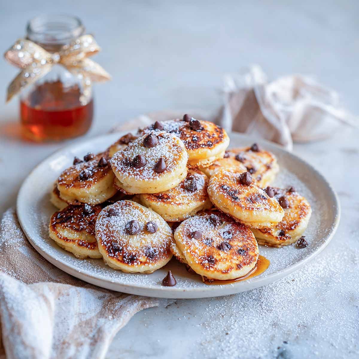 Plate of mini chocolate chip pancake bites topped with powdered sugar and syrup, with a jar of syrup tied with ribbon in the background.