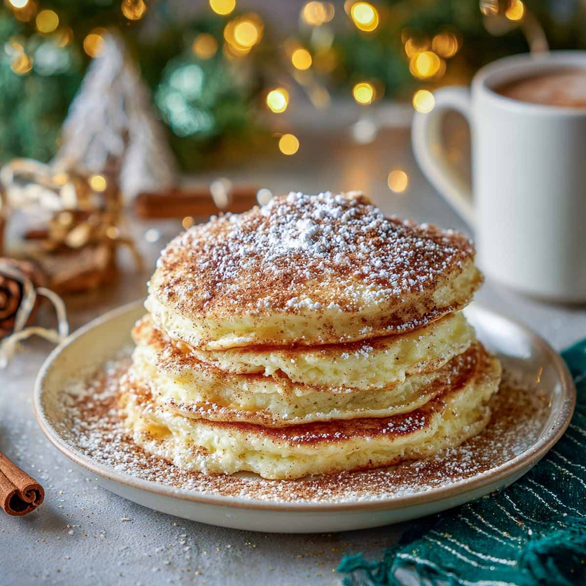 Stack of fluffy eggnog pancakes topped with cinnamon sugar and powdered sugar beside a mug of cocoa.