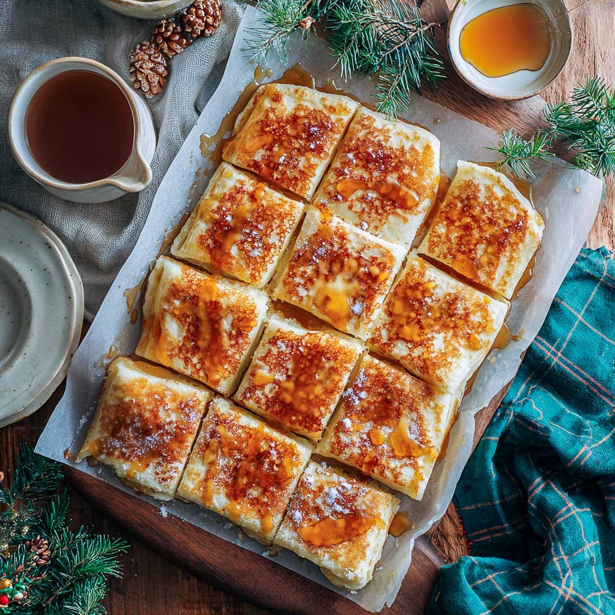 Golden pancake sheet cut into squares and drizzled with maple butter on parchment paper, with coffee and syrup on a wooden table.