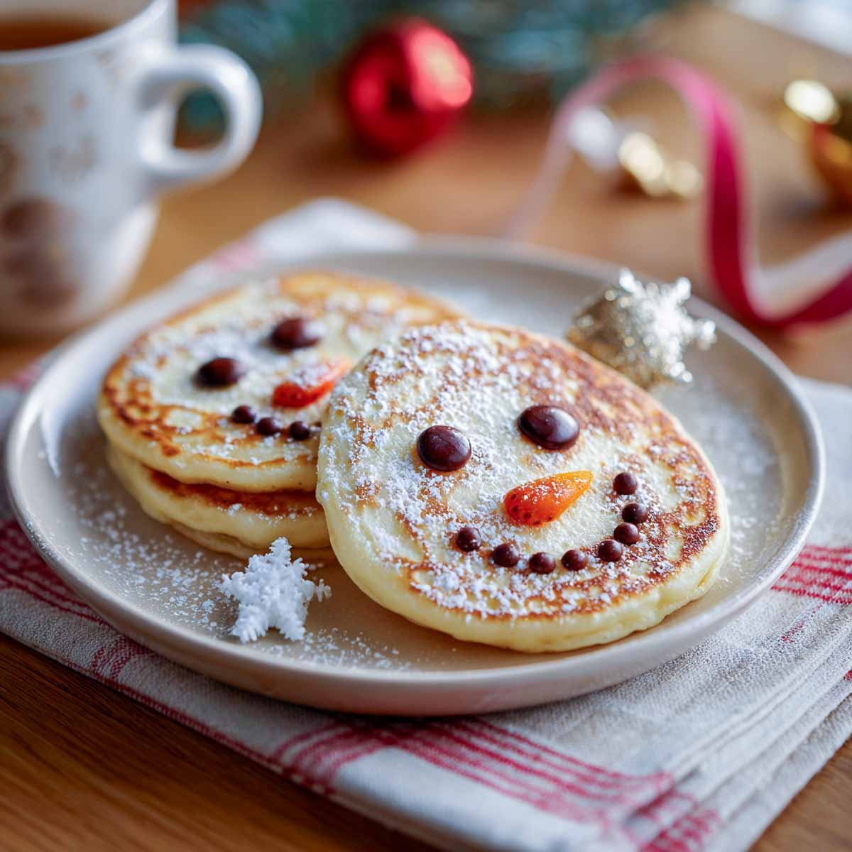 Two snowman face pancakes decorated with chocolate chips and strawberry noses on a red-striped napkin.