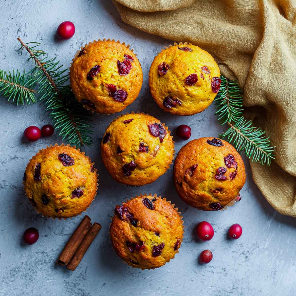 Pumpkin cranberry muffins on light stone surface.