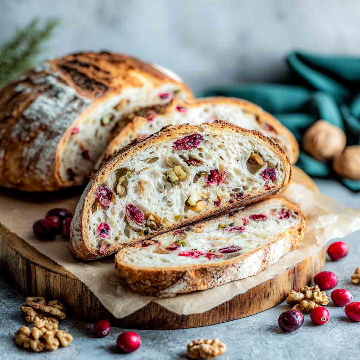 Sliced sourdough cranberry bread on a wooden board.