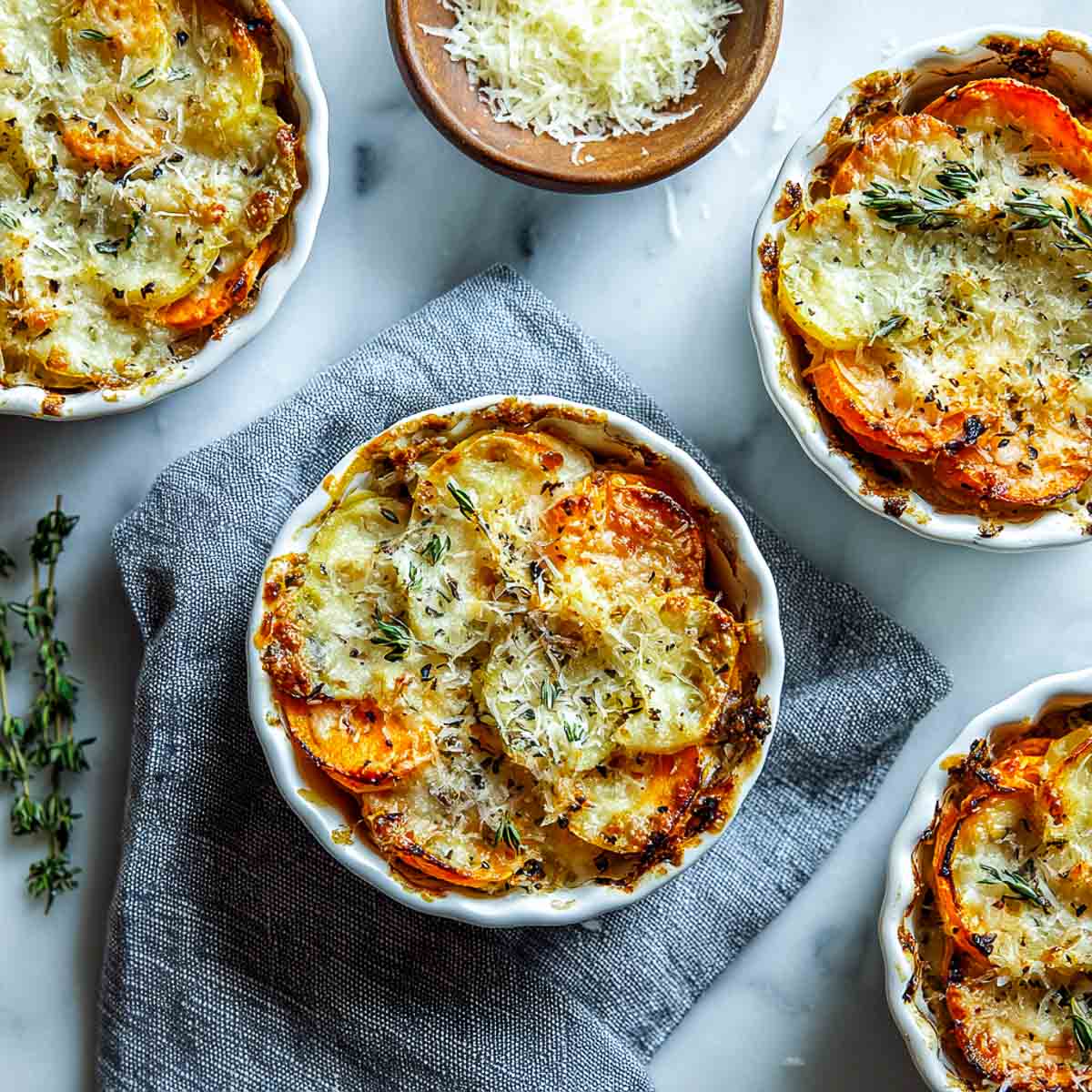 Top-down view of mini sweet potato gratin cups with golden cheese and thyme in white ramekins on a marble counter.