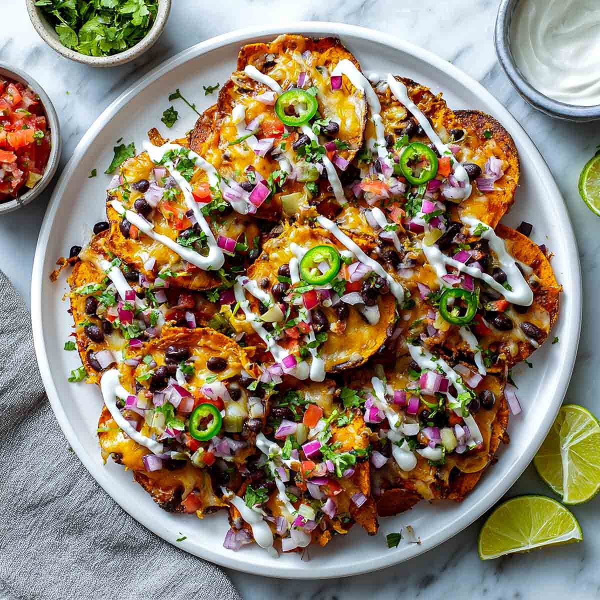 Air-fried sweet potato nachos topped with black beans, cheese, onions, and crema drizzle.