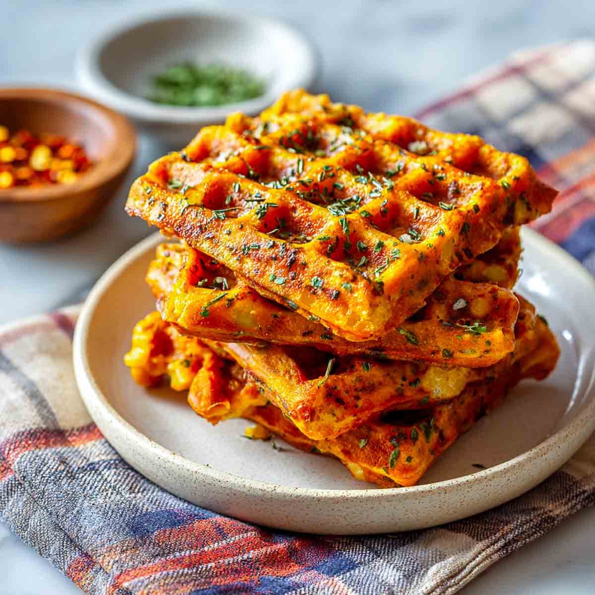 Stacked golden savory sweet potato waffles topped with herbs on a ceramic plate.
