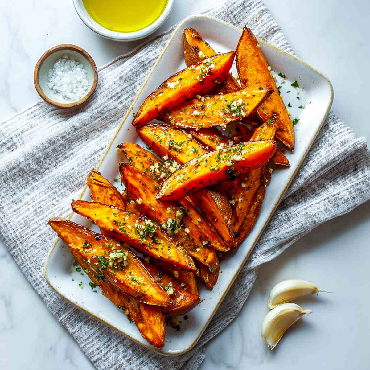 Top-down view of air-fried sweet potato wedges on a rectangular plate with garlic, olive oil, and herbs on marble surface.