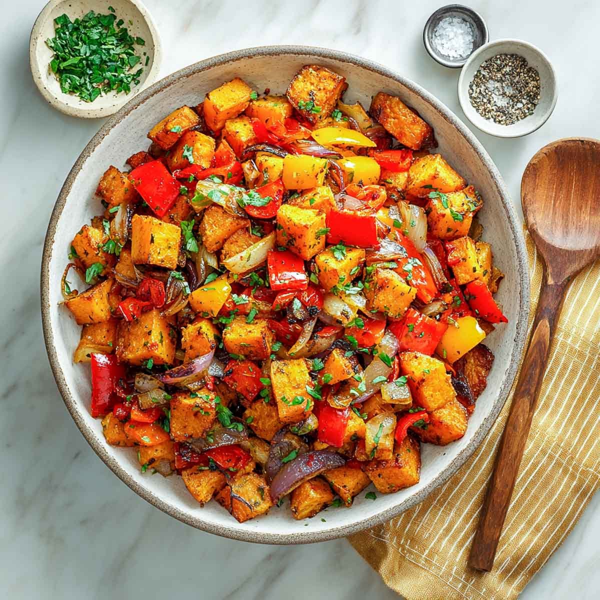Top-down view of savory air fryer sweet potato hash with onions and peppers in a serving bowl.