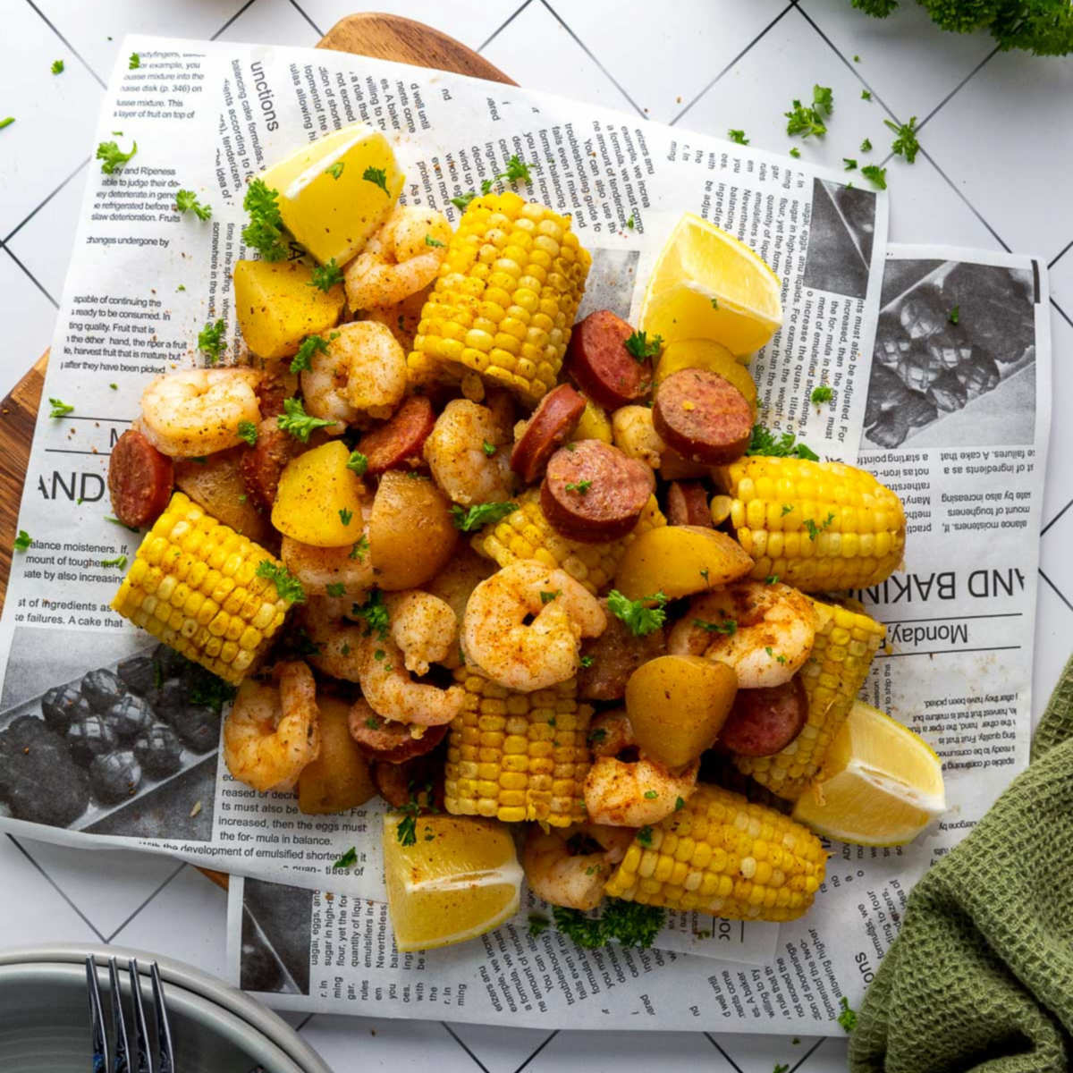 Overhead view of shrimp boil with corn, sausage, potatoes, and parsley.
