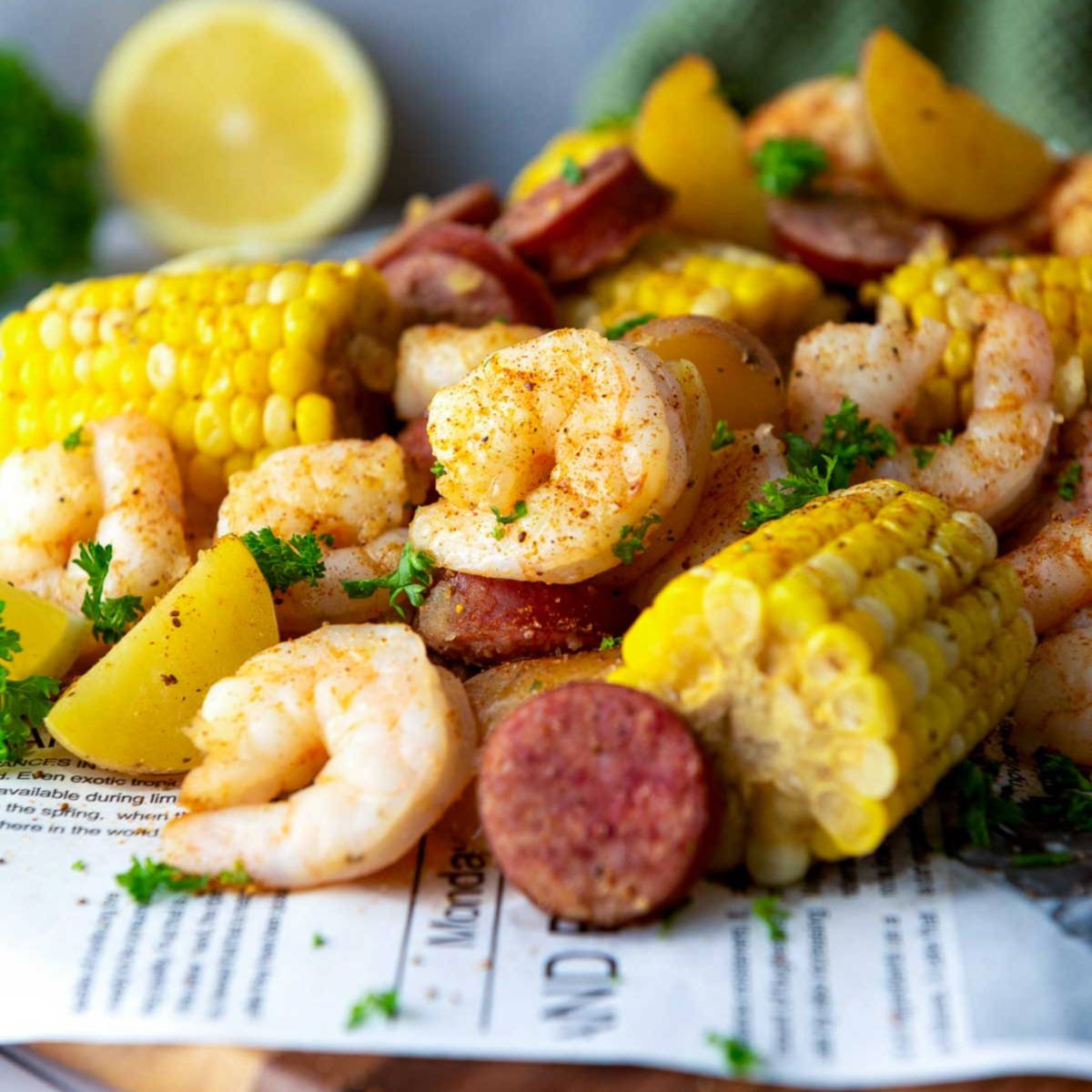 Juicy shrimp with corn, sausage, and potatoes in shrimp boil.