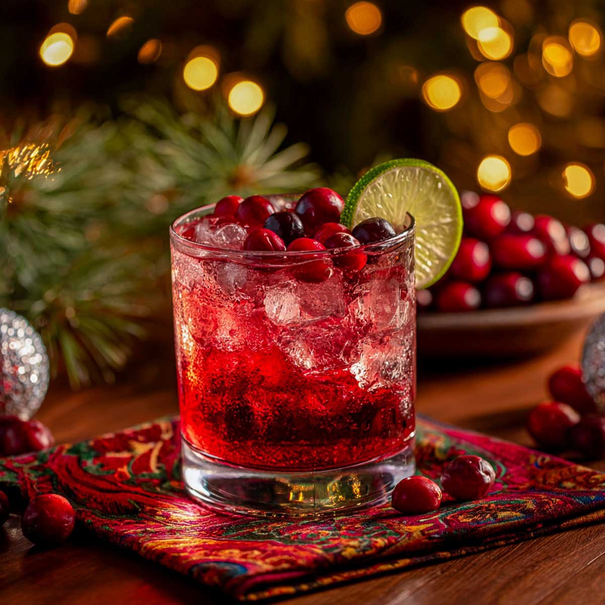 Vibrant red cranberry vodka cocktail with lime and cranberries.