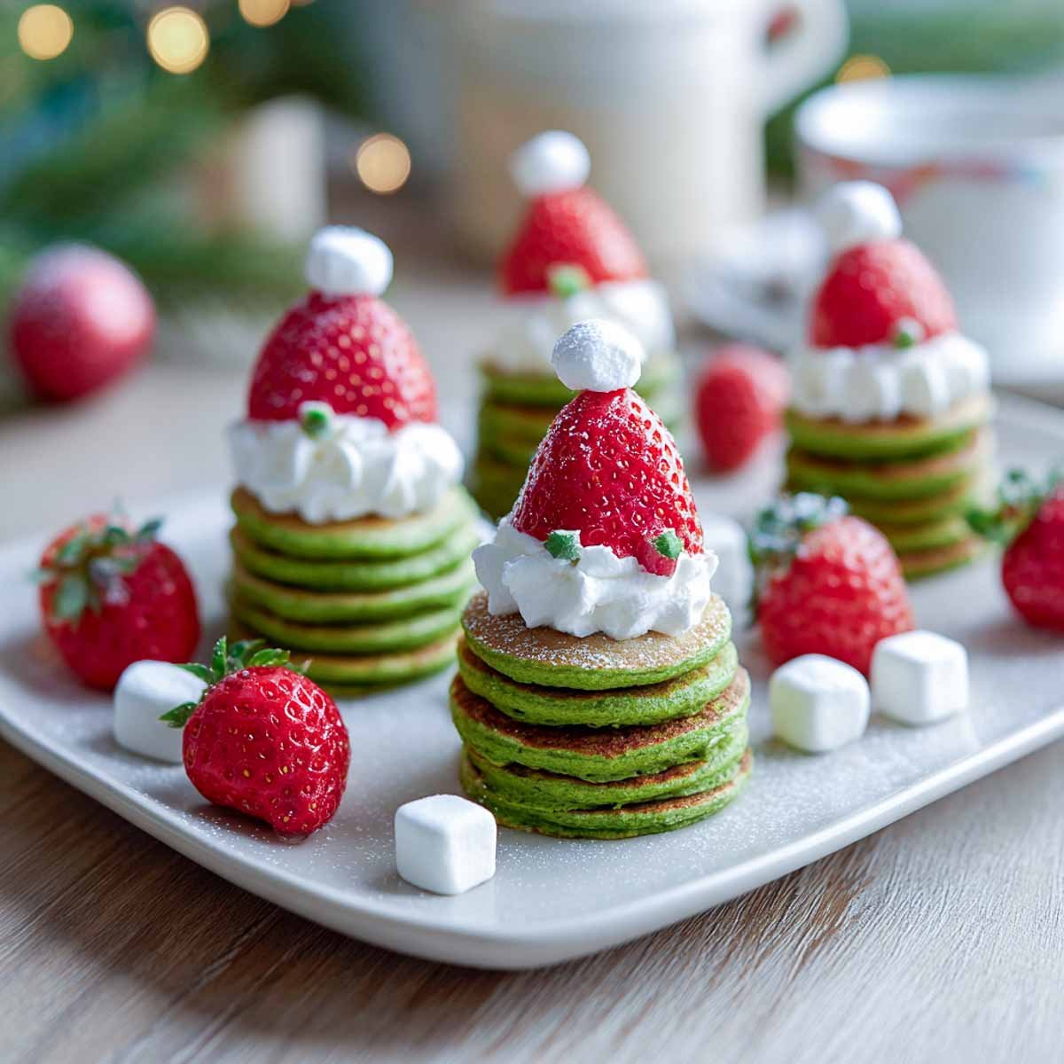Mini stacks of green spinach banana pancakes topped with strawberry Santa hats and whipped cream on a Christmas breakfast table.