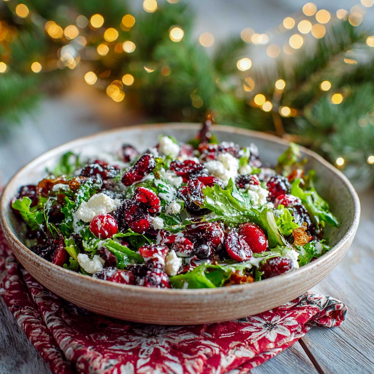 Christmas salad with sugared cranberries, feta, and poppyseed dressing.