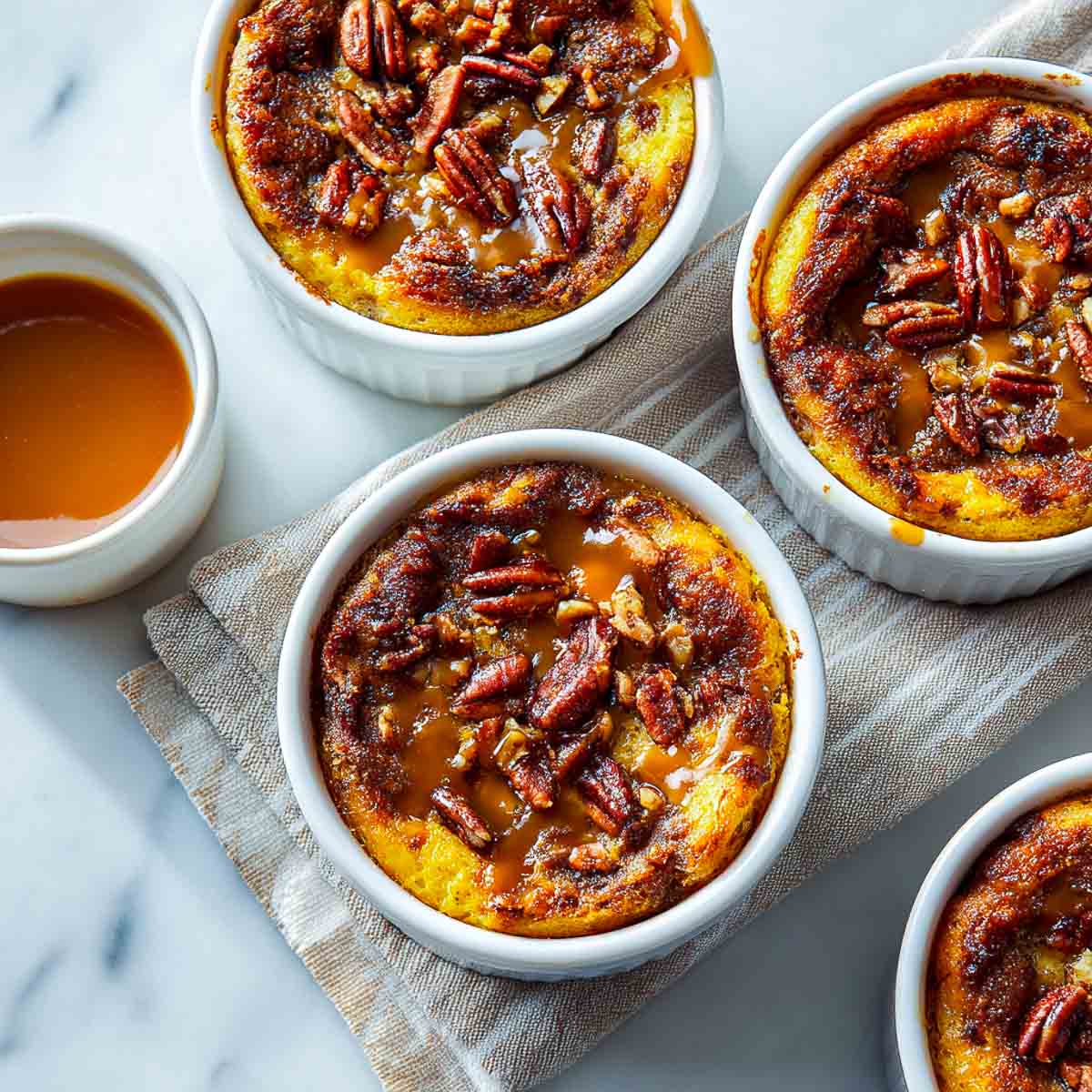 Individual caramel-drizzled sweet potato bread puddings in white ramekins with pecans on top.