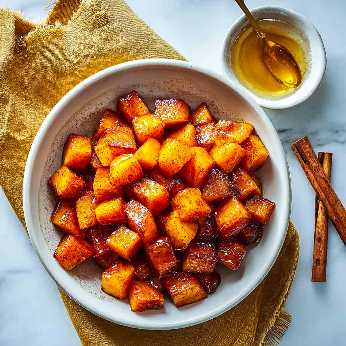 Top-down view of air-fried sweet potato cubes coated with cinnamon and maple syrup with cinnamon sticks nearby.