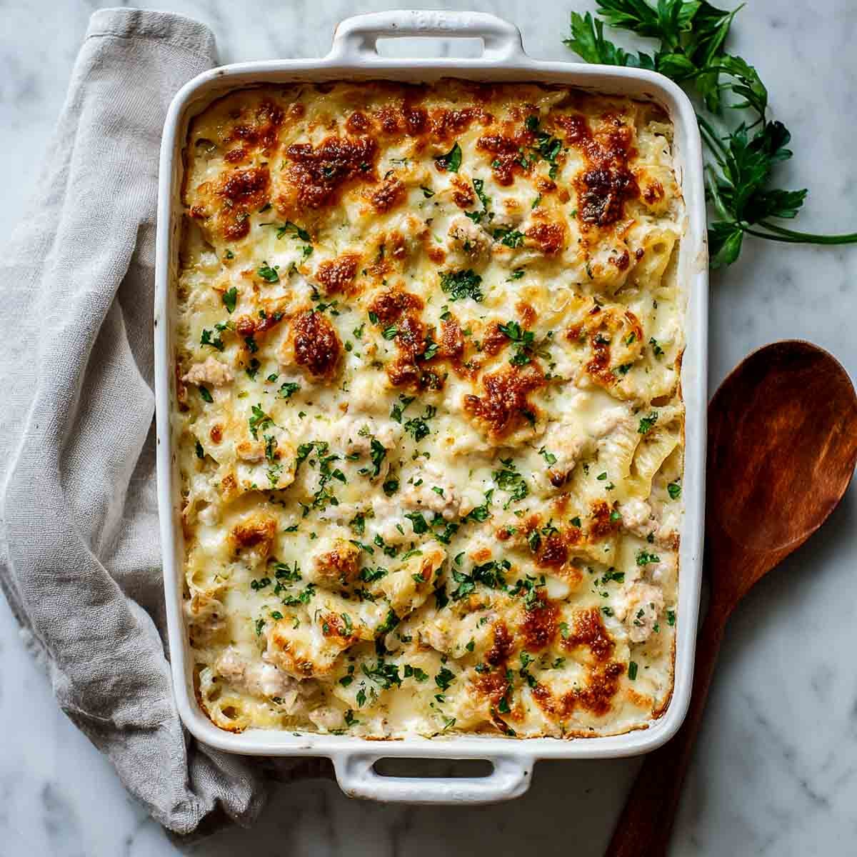 Top-down view of a creamy leftover turkey alfredo pasta bake with melted cheese and parsley in a white baking dish on marble.