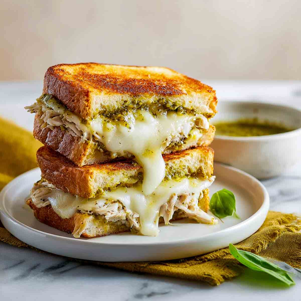 Angled view of stacked turkey pesto grilled cheese sandwiches with melted mozzarella and pesto on toasted bread.