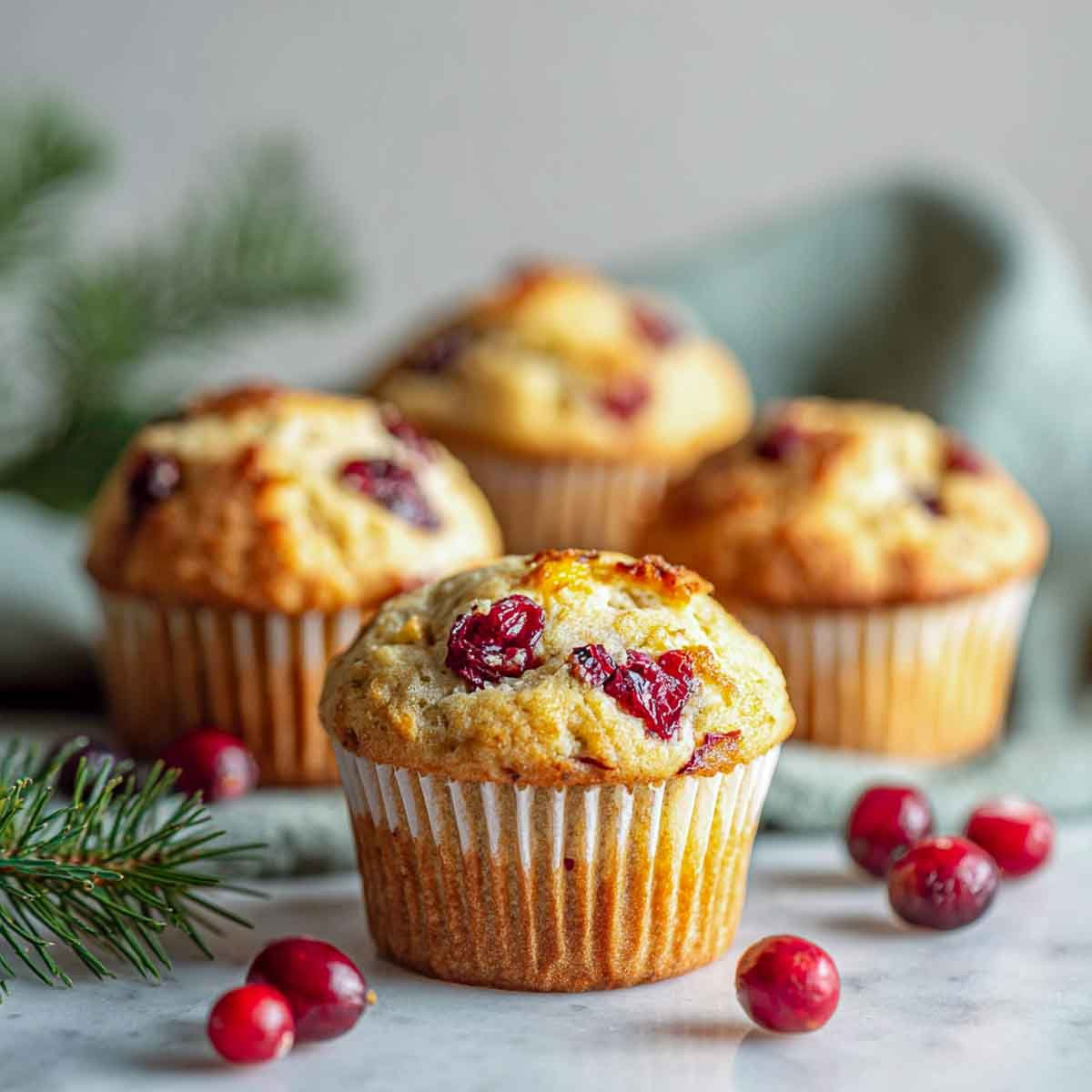 Vegan cranberry orange muffins with almond flour on white marble.