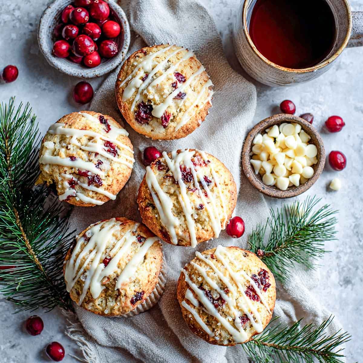 Cranberry white chocolate muffins drizzled with melted white chocolate