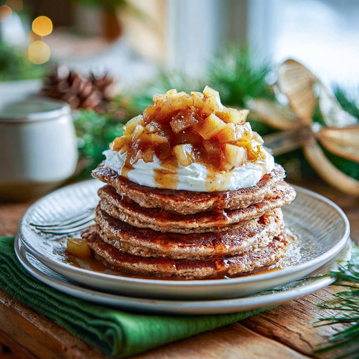 Stack of whole wheat apple cinnamon pancakes topped with maple yogurt and warm apple compote on a Christmas breakfast table.