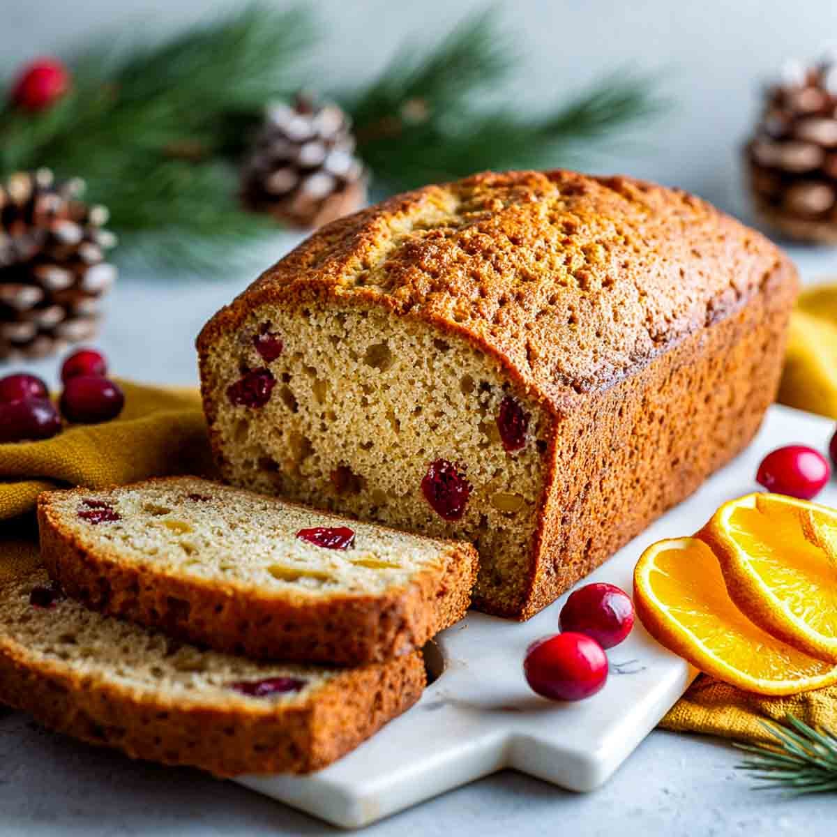 Side view of whole wheat cranberry orange breakfast bread sliced to show golden crust and cranberries inside.