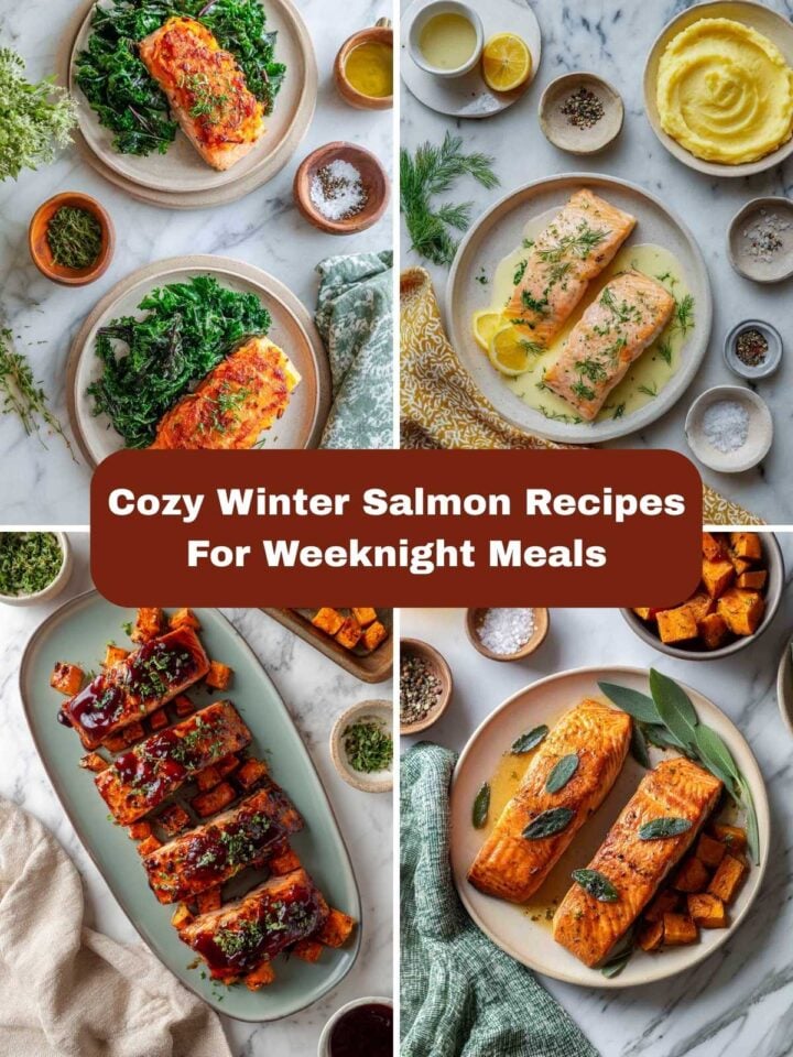 A four-image collage of winter salmon recipes with text overlay.