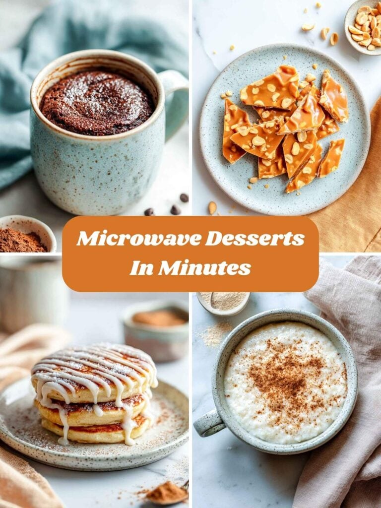A four-image collage of microwave desserts.