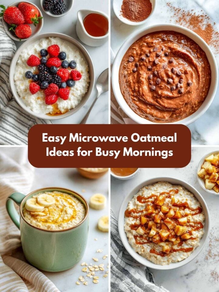 A four-image collage of oatmeal dishes made in microwave.