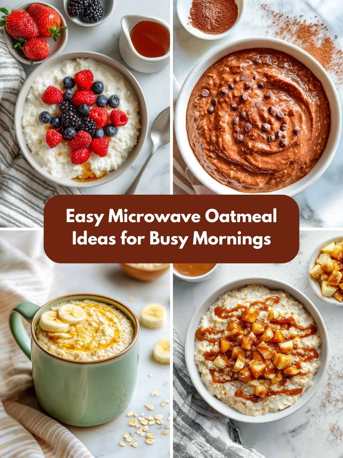 A four-image collage of oatmeal dishes made in microwave.