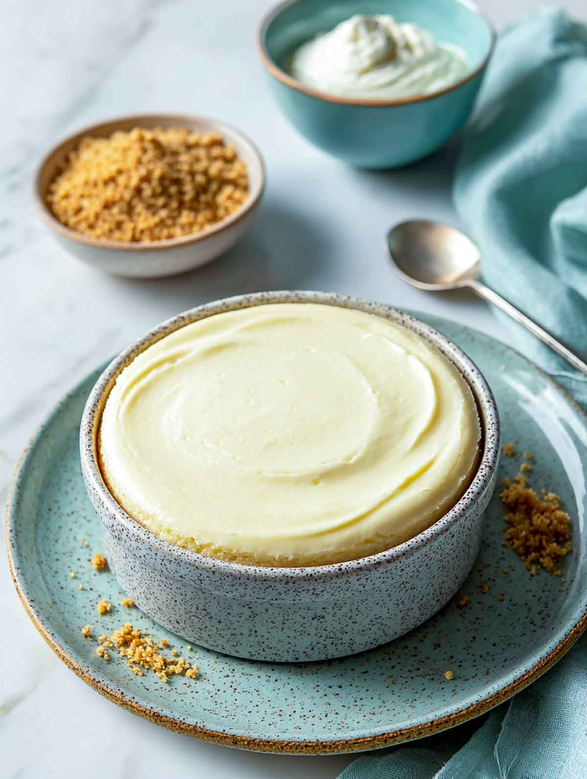 A top-down view of a creamy microwave Greek yogurt cheesecake in a speckled ramekin with a smooth swirl on top and graham-style crumbs on the plate.