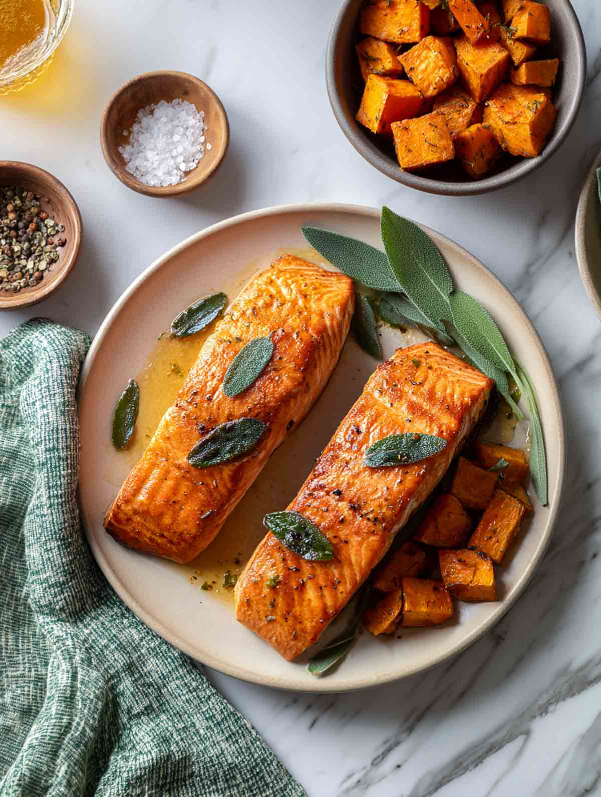 Brown butter salmon fillets with roasted sweet potatoes and crisp sage on plate.
