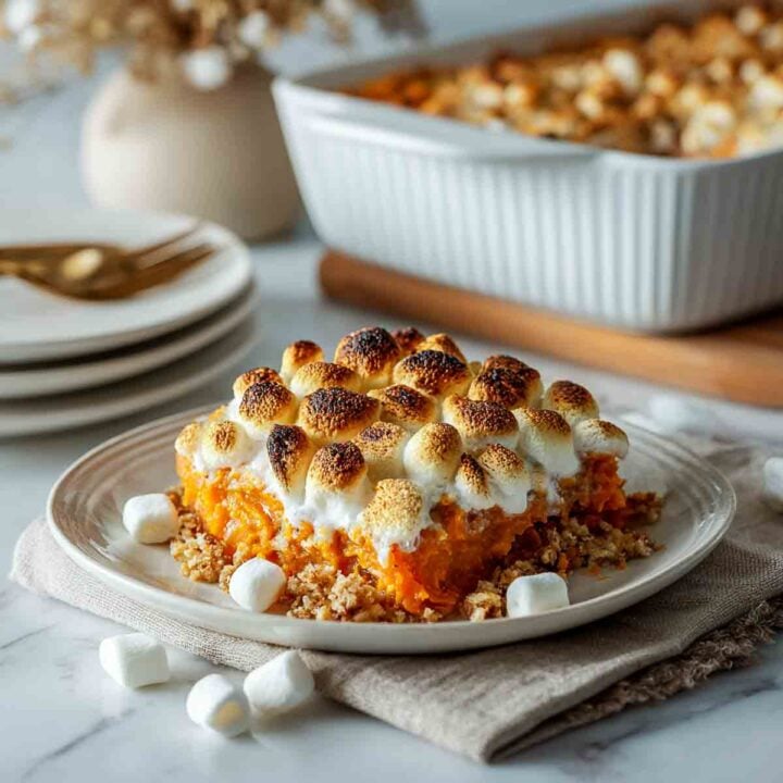A plated serving of baked sweet potato casserole topped with toasted marshmallows, with the baking dish in the background on a marble countertop.