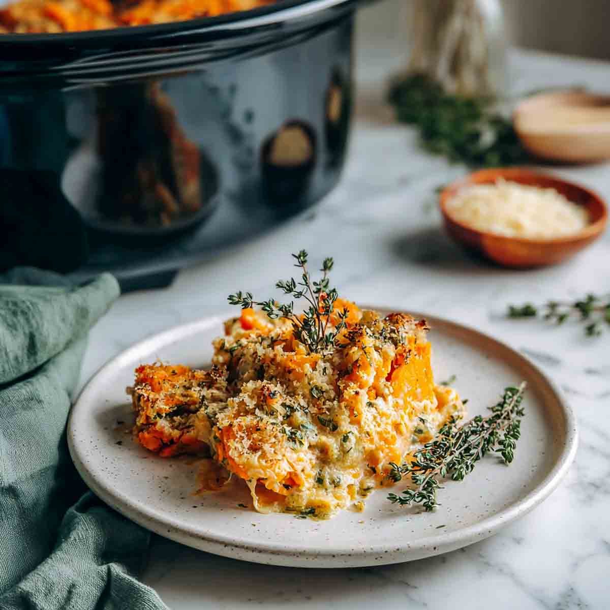A plated serving of savory sweet potato casserole with parmesan crust, black crockpot in the background, fresh thyme garnish, and soft indoor lighting on a marble surface.