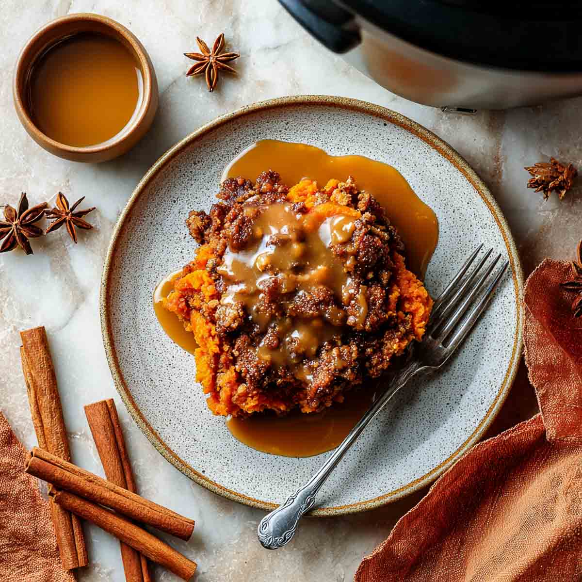 Top-down view of a plated serving of crockpot sweet potato casserole drizzled with maple chai glaze, surrounded by cinnamon sticks and star anise on a marble surface.